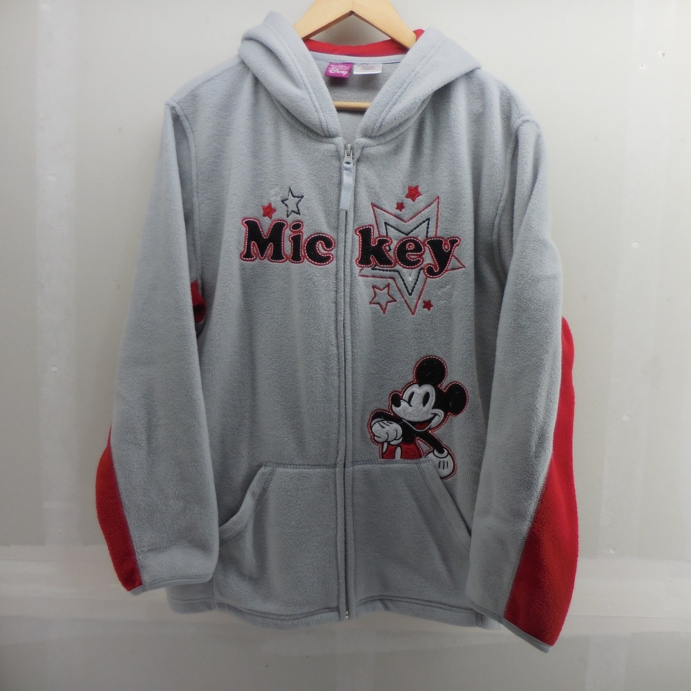 Disney Mickey Mouse Fleece Hoodie Grey Red Zip Up Sweatshirt XL Stars Graphic
